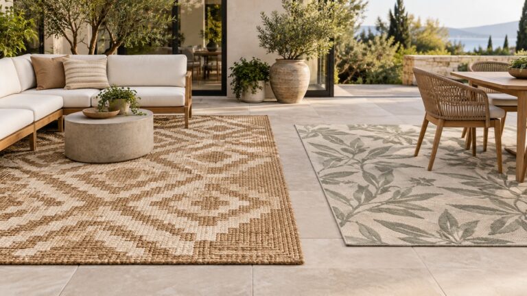 Editorial comparison scene for outdoor rugs mubin versus genimo.