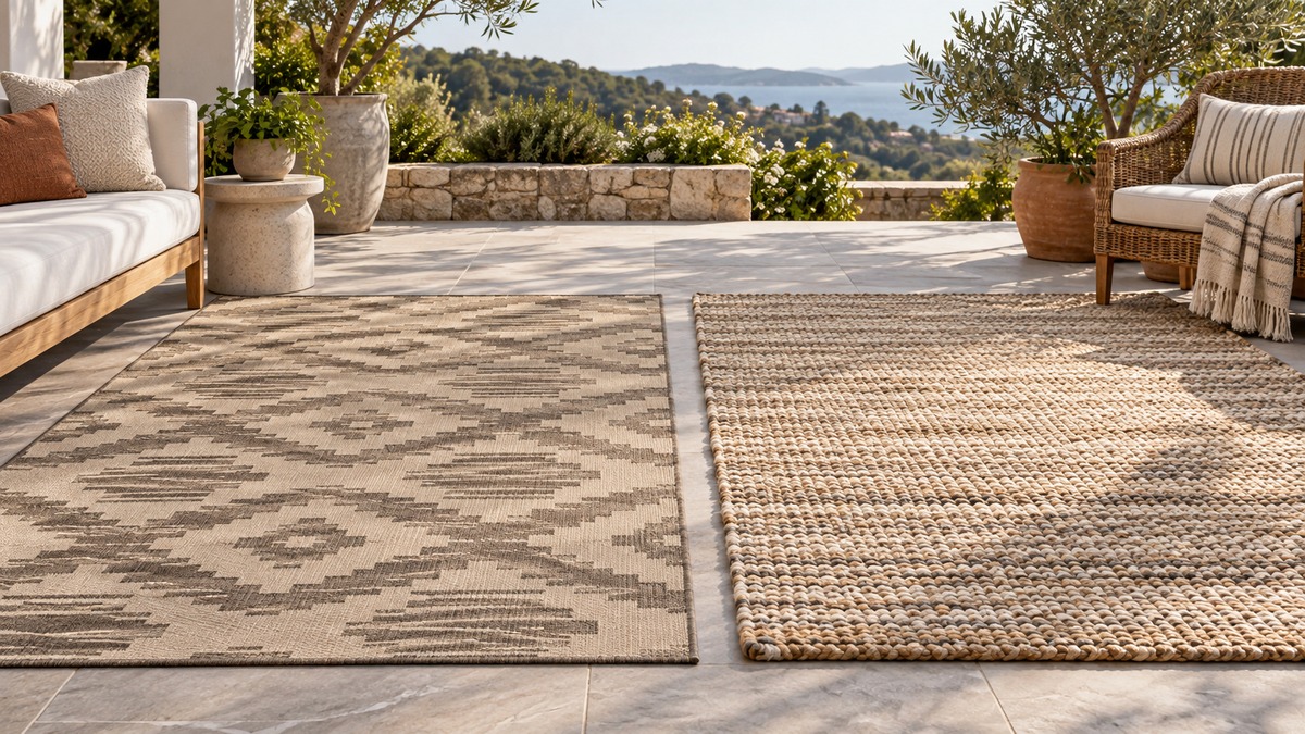 Side-by-side view of the MUBIN and MontVoo outdoor rugs products on a neutral background, emphasizing visible differences in size and configuration.