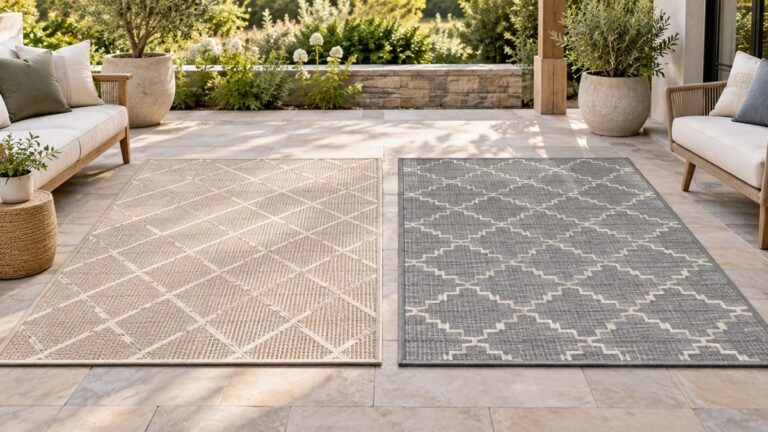 Two generic outdoor rugs with different weaves and understated patterns on a sunlit patio.