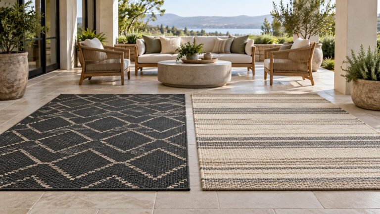 Side-by-side view of the MUBIN and Pauwer outdoor rugs products on a neutral background, emphasizing visible differences in size and configuration.