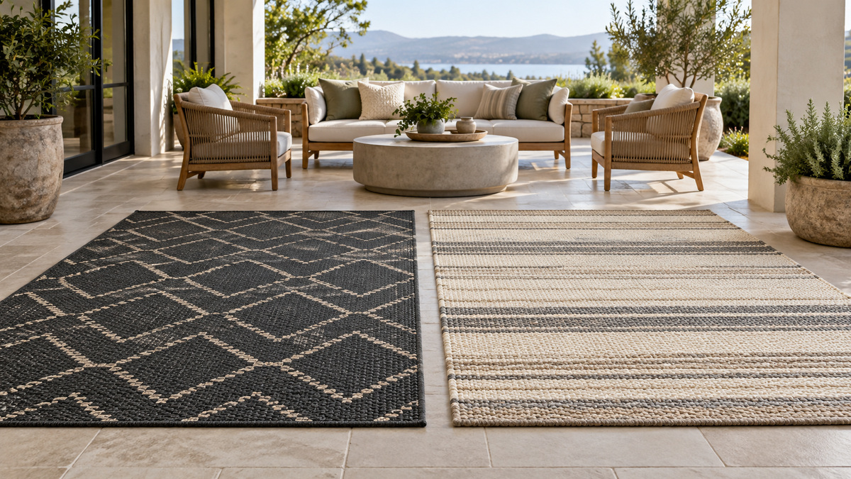 Side-by-side view of the MUBIN and Pauwer outdoor rugs products on a neutral background, emphasizing visible differences in size and configuration.