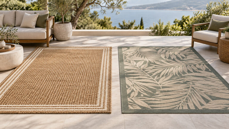 A clean editorial comparison scene showing generic outdoor rugs mubin and sand mine options side by side.