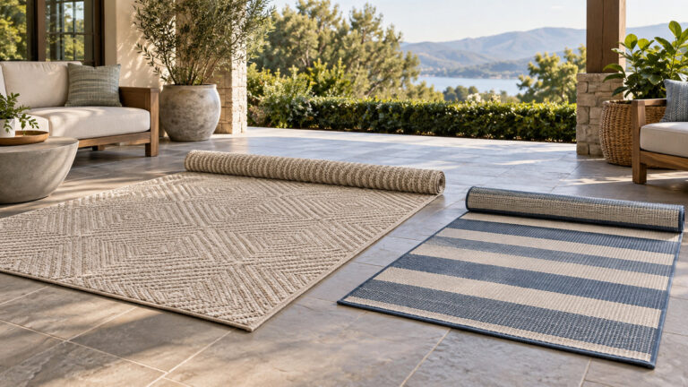 A neutral geometric outdoor rug beside a striped reversible patio mat.