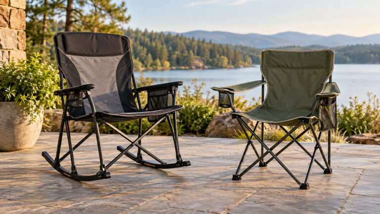 A rocking-style folding chair and a classic camping chair on a patio.