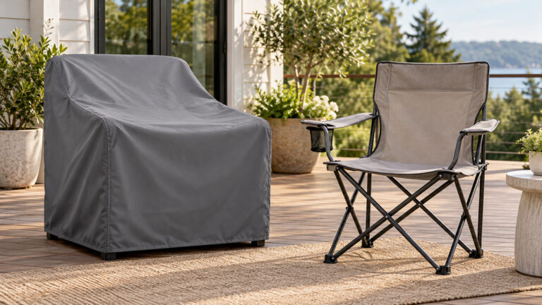 A fitted patio chair cover and a compact folding outdoor chair.