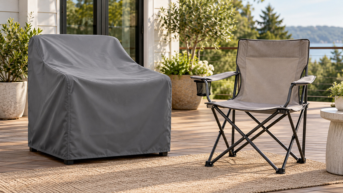 A fitted patio chair cover and a compact folding outdoor chair.