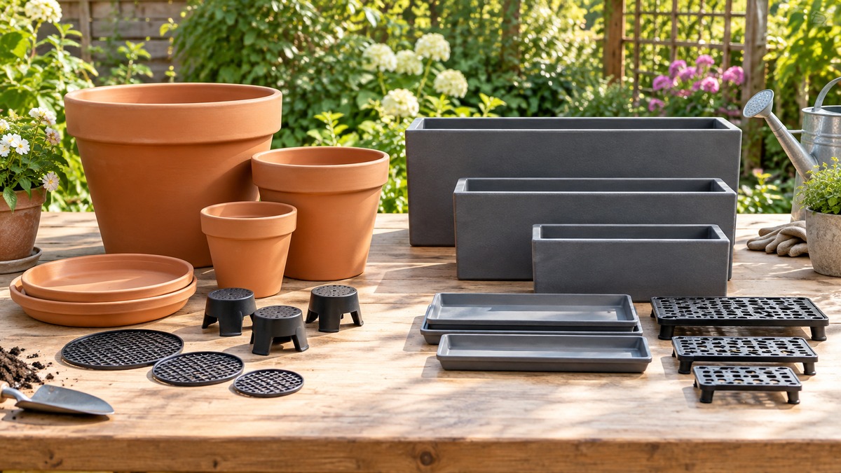 Two generic planter and container accessory sets arranged on a garden worktable.