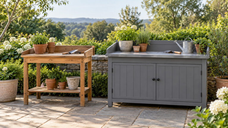 A compact wood potting table beside a wider weather-resistant storage bench.