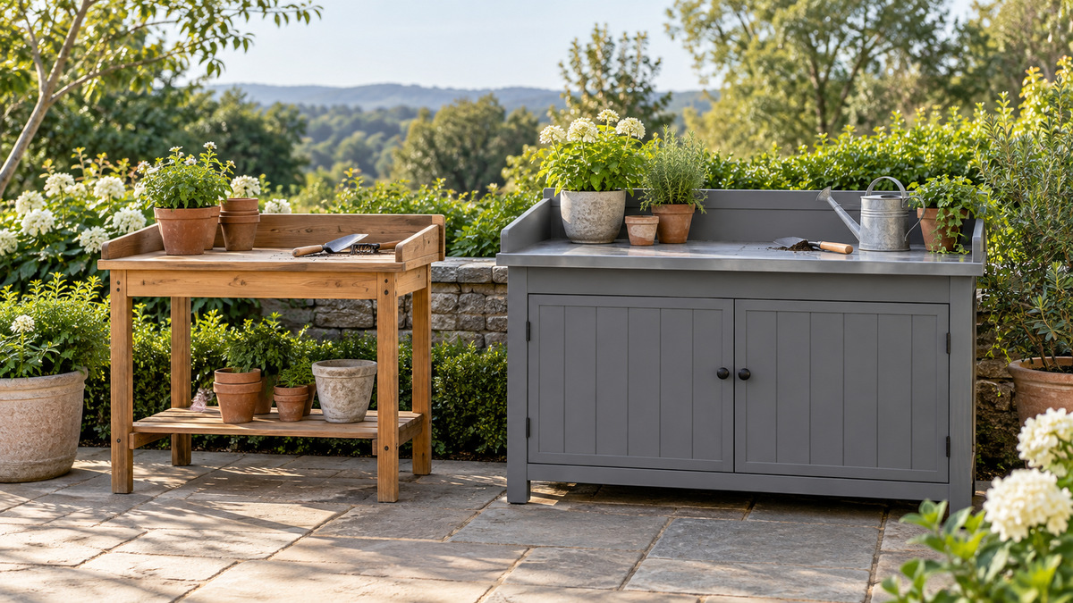 A compact wood potting table beside a wider weather-resistant storage bench.