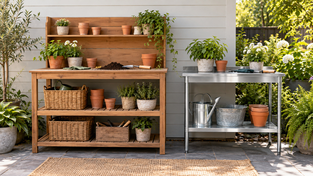 Two generic outdoor potting benches with different storage configurations.