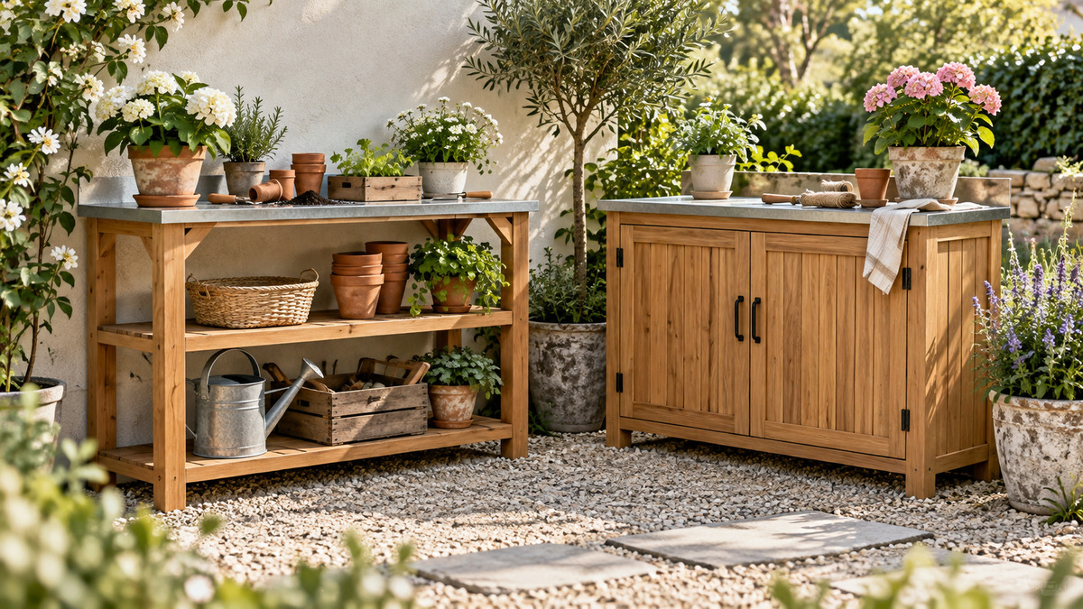 Editorial comparison scene featuring generic potting benches tables serwall options in natural light.