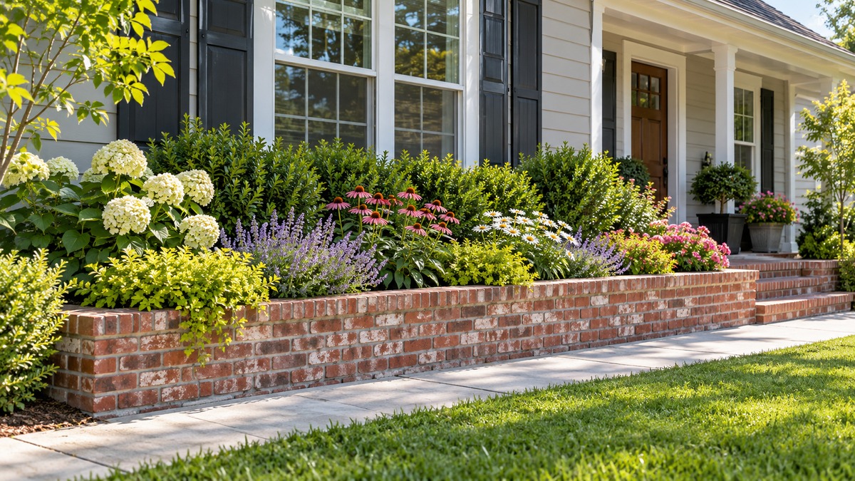 Raised brick planter in front of house