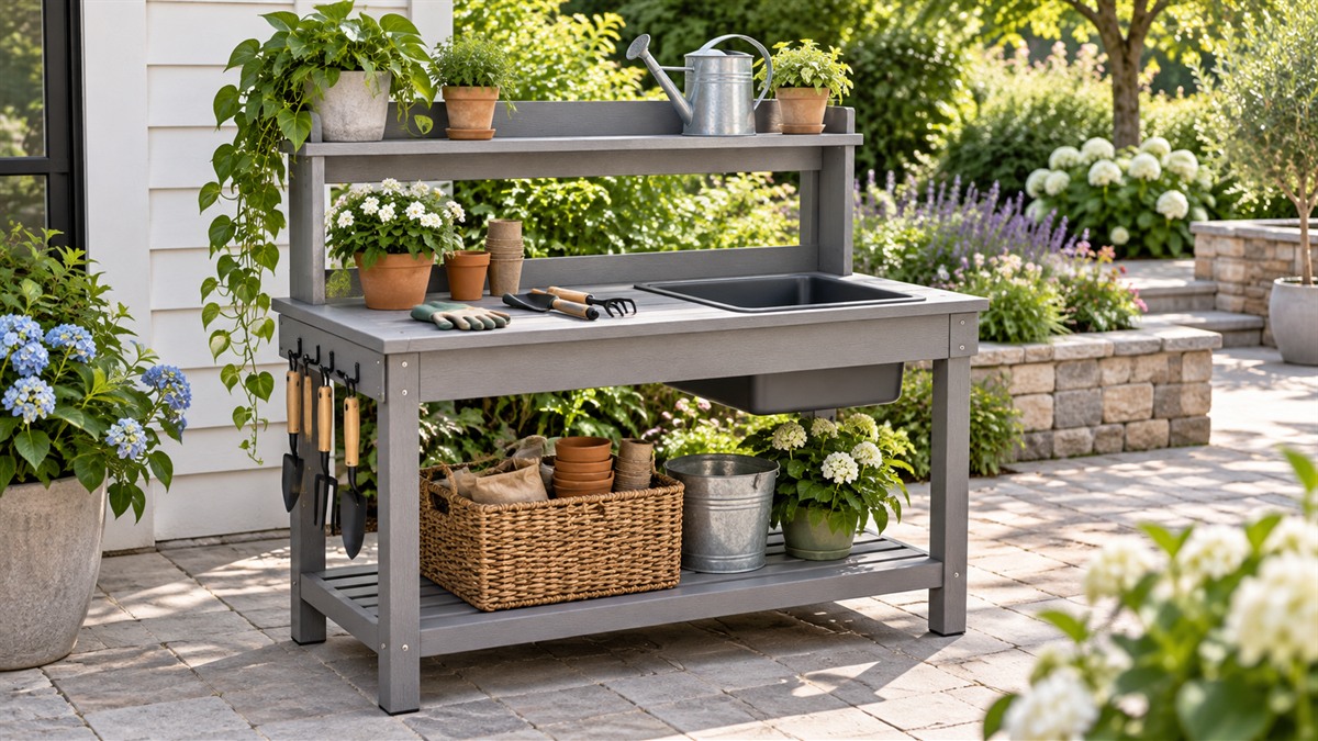 Product-focused comparison scene for serwall potting benches & tables with the listed options arranged clearly.