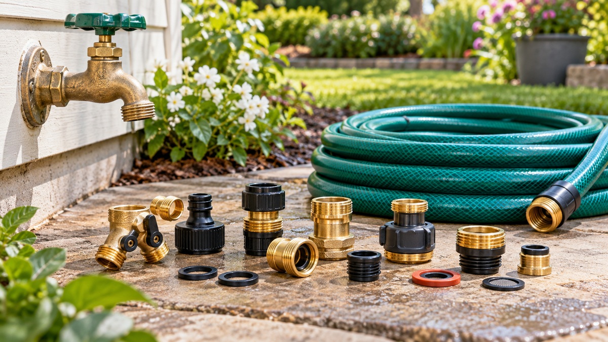 Garden hose thread connectors arranged beside a faucet and coiled hose in a sunny garden.