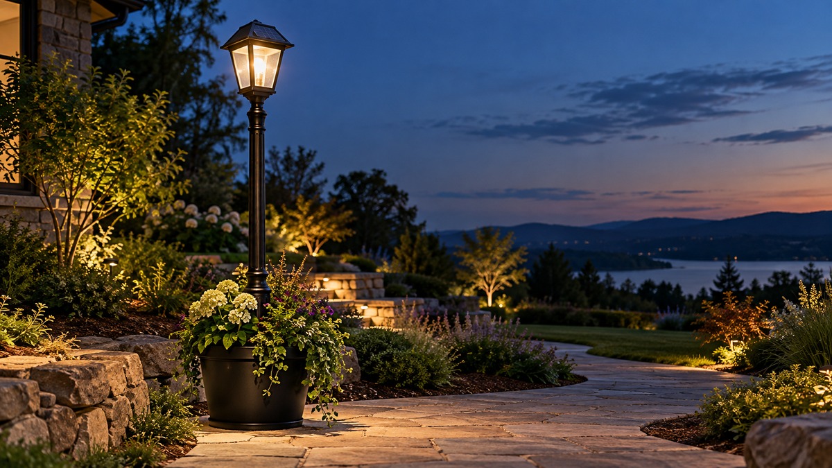 A black metal solar lamp post with a planter at its base and a warm glowing lamp on top, standing on a garden path at dusk.