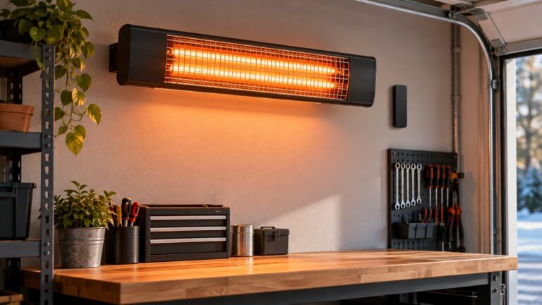 A black wall-mounted electric infrared heater with its remote, mounted on a garage wall above a workbench.