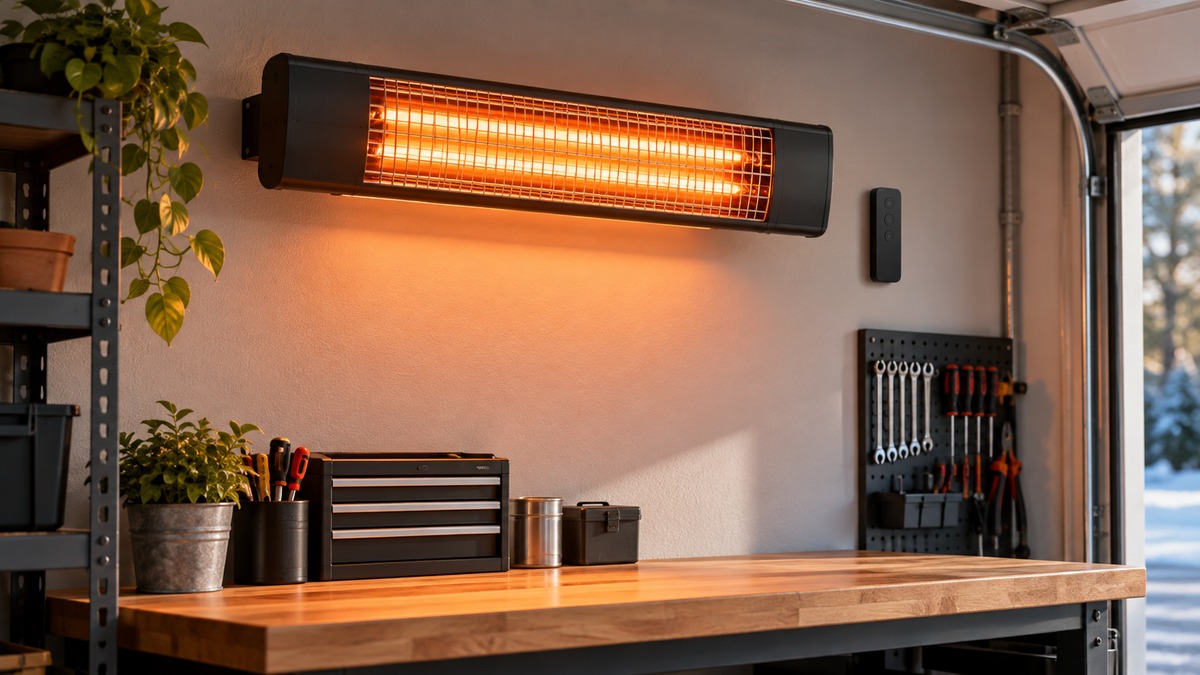 A black wall-mounted electric infrared heater with its remote, mounted on a garage wall above a workbench.