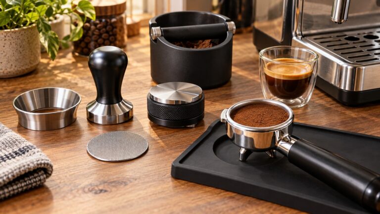 Unbranded 51mm espresso accessories kit on a home coffee bar