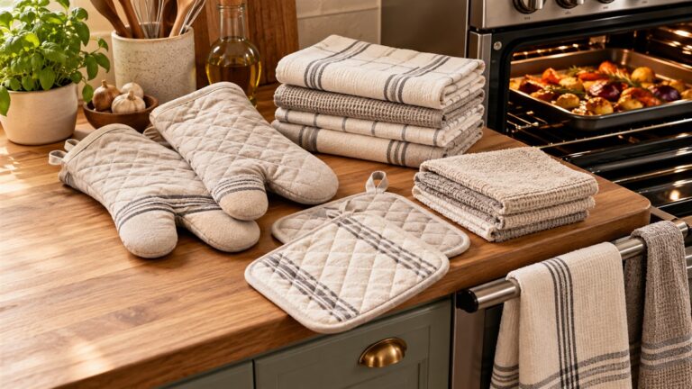 Coordinated oven mitts pot holders and kitchen towels beside an oven