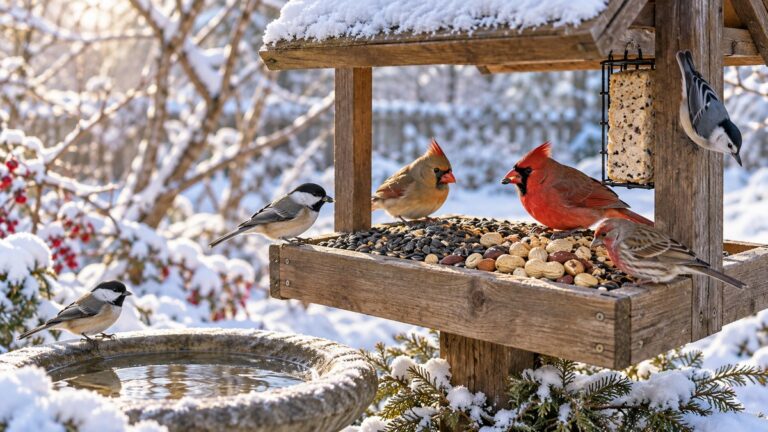 Winter songbirds eating seeds nuts and suet at a snowy backyard feeder