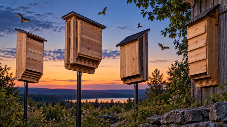 Wooden bat houses mounted at a woodland edge
