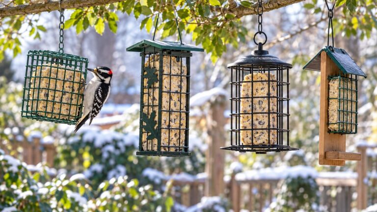 Suet feeders hanging in a leafy backyard