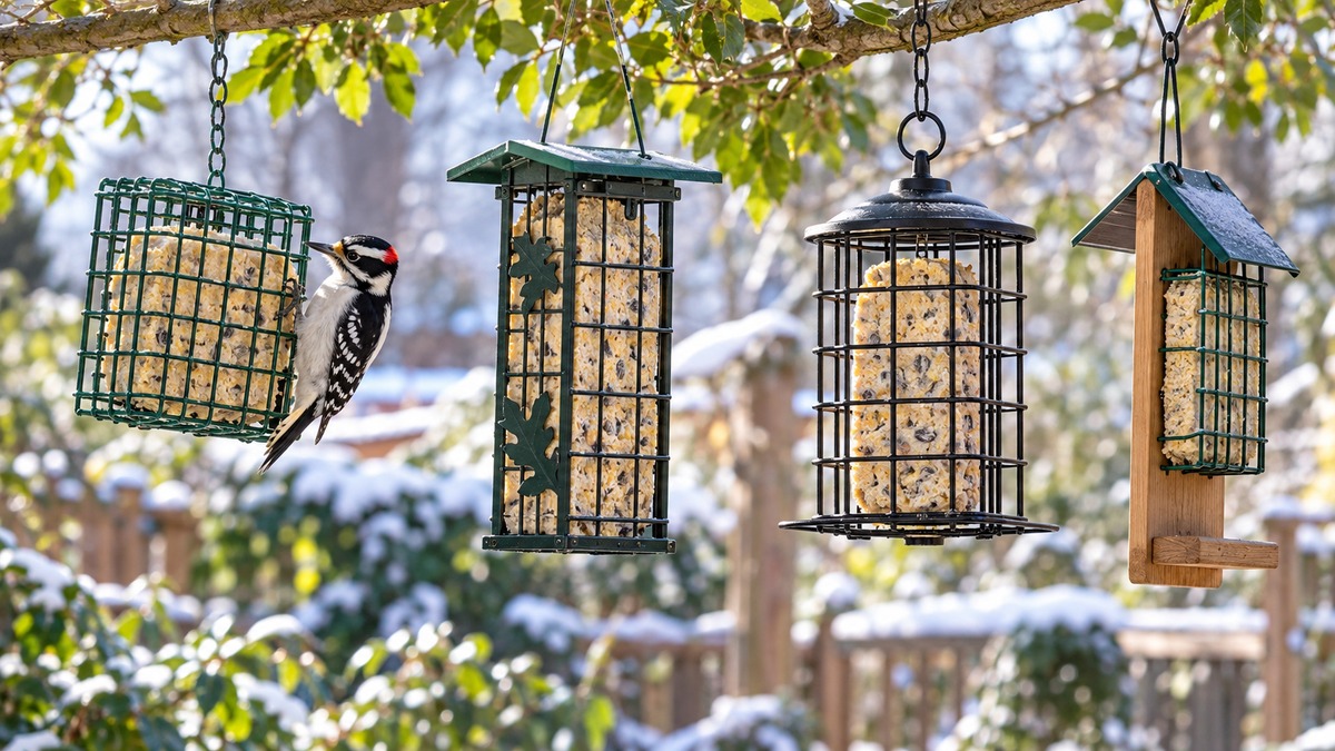Suet feeders hanging in a leafy backyard