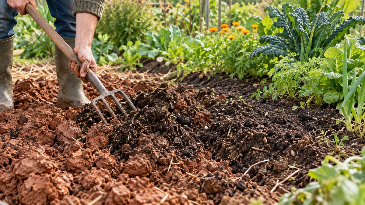 Mixing compost into heavy clay garden soil