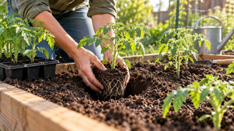 Transplanting a healthy seedling into a raised garden bed